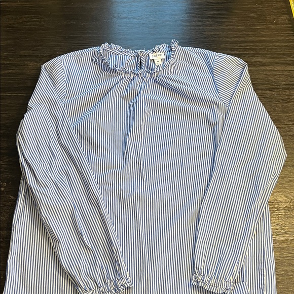 J. Crew Tops - J. Crew Blue and White Striped Ruffle Neck Top